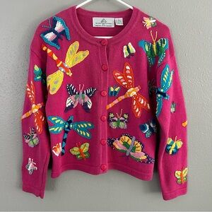 Design Options Philip Jane Gordon Pink Butterfly Dragonfly Cardigan Sweater Sz S